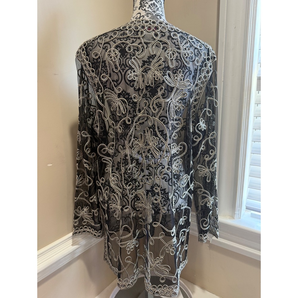 Victor Costa Occasion Silver Embroidered Mesh Duster Cardigan 1X Black Glam - Picture 3 of 11